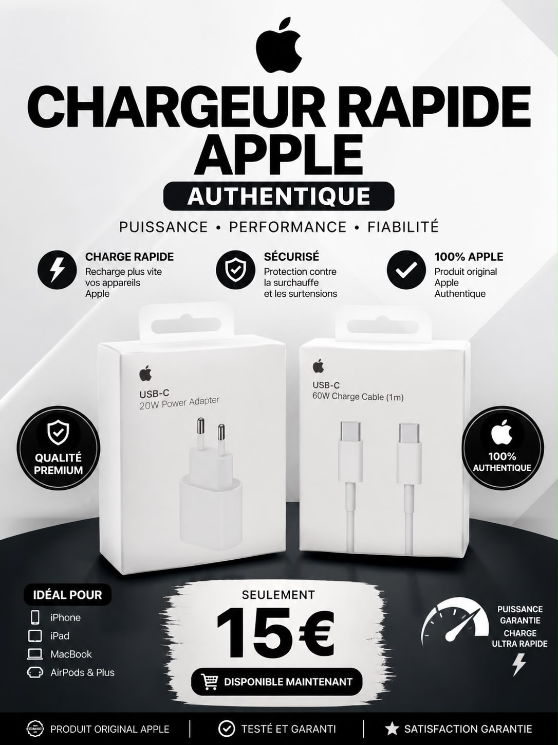 Kit chargeur rapide avec embout USB-C 20 W et câble USB-C